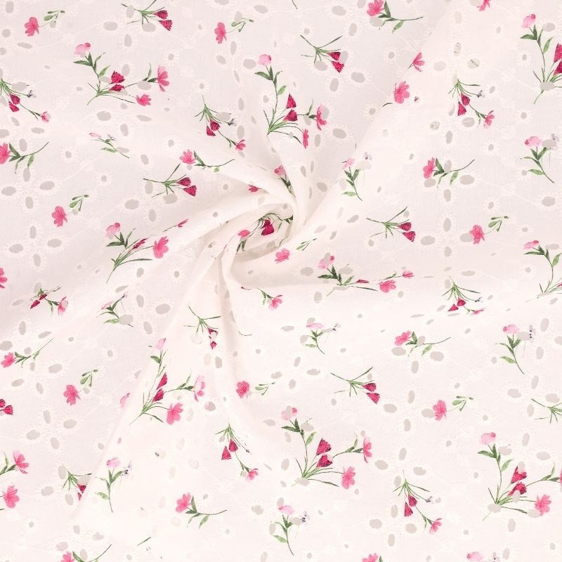 Coupon 3m Tissu Broderie Coton Fleurs Rose 