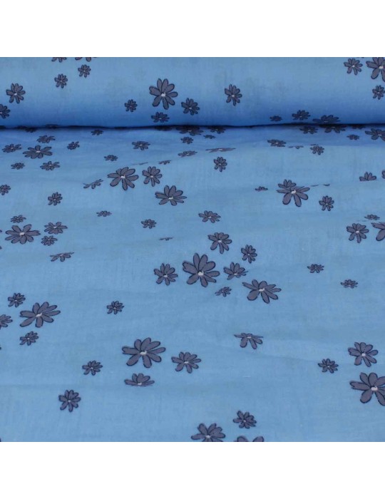 Tissu double gaze fleurs bleu