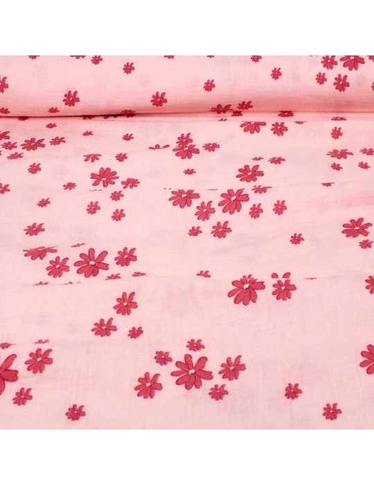 Tissu double gaze fleurs rose