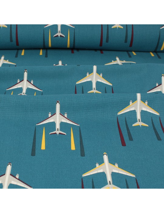 Tissu demi panama avions turquoise
