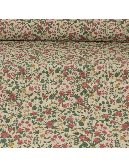 Tissu demi panama floral vert/rose