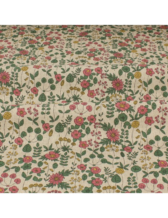 Tissu demi panama floral vert/rose