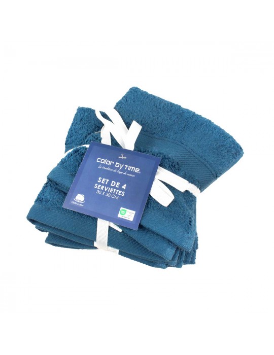 Set de 4 serviettes de toilette bleues canard 30 x 30 cm