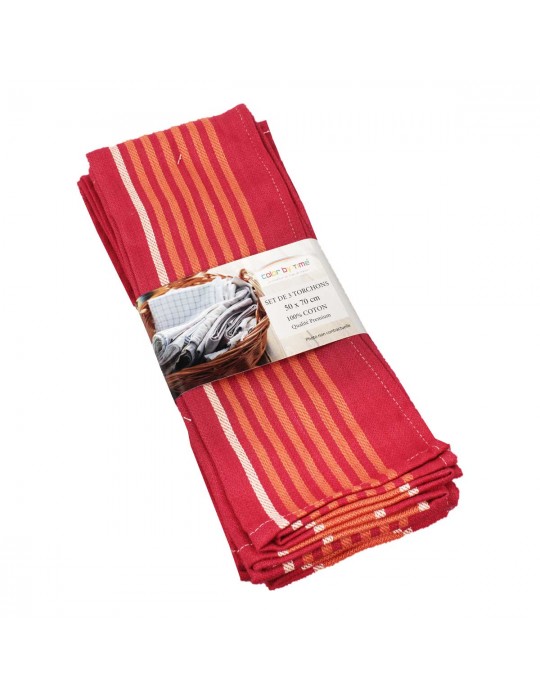Set de 3 torchons coton rouge/orange 50 x 70 cm