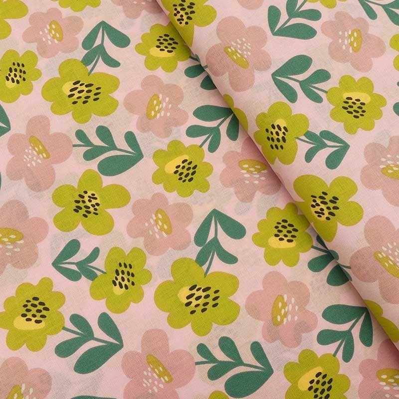 Coupon 3m Tissu Cretonne Imprimé  Fleurs Pop Rose 