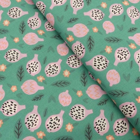 Coupon 3m Tissu Cretonne Imprimé Grenade Vert
