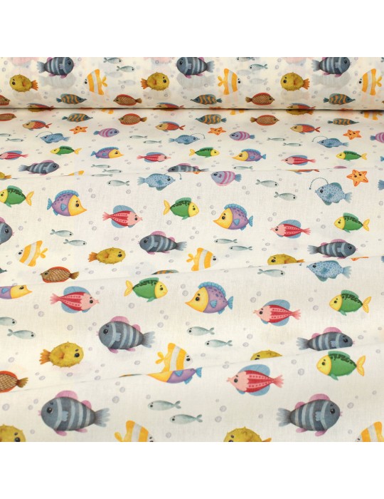 Tissu percale de coton imprimé poissons multicolores
