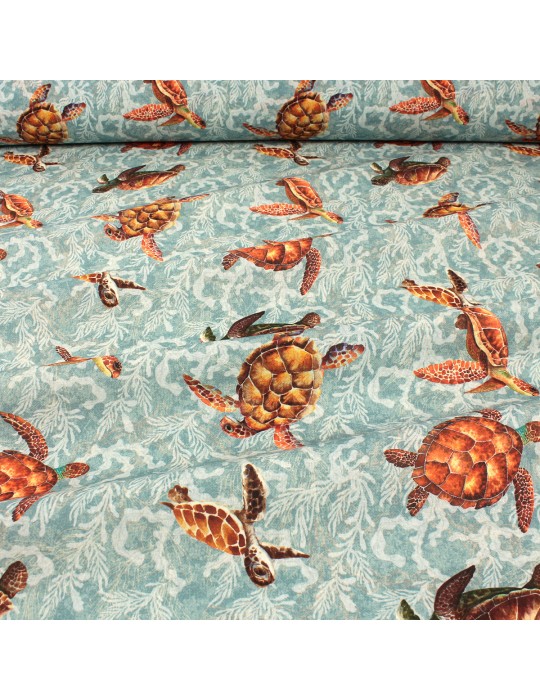 Tissu percale de coton imprimé tortues fond marin