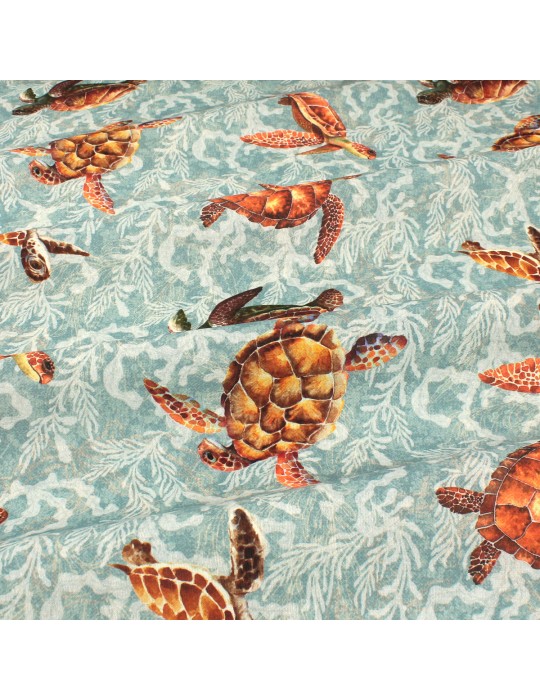 Tissu percale de coton imprimé tortues fond marin