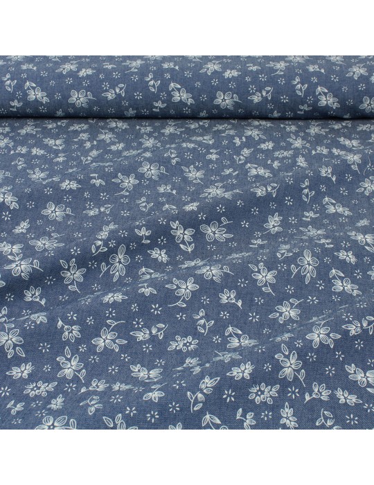 Tissu chambray floral bleu