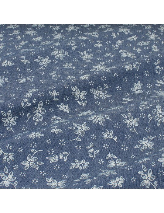 Tissu chambray floral bleu