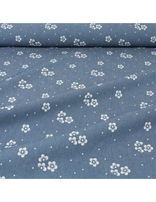 Tissu chambray fleurs pois bleu