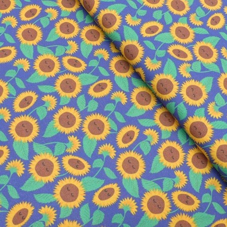 Coupon 3m Tissu Cretonne Imprimée Tournesols Bleu 