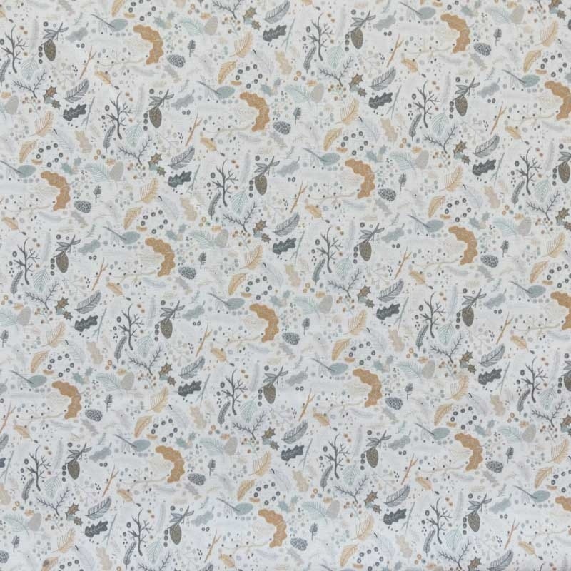Coupon 3m Tissu Cretonne Imprimé Feuilles Blanc 