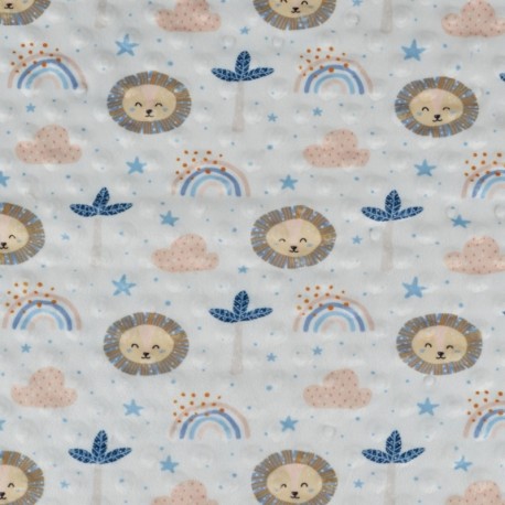 Coupon 3m Tissu Bubble Minky Imprimé Arc-en-ciel lion Bleu 