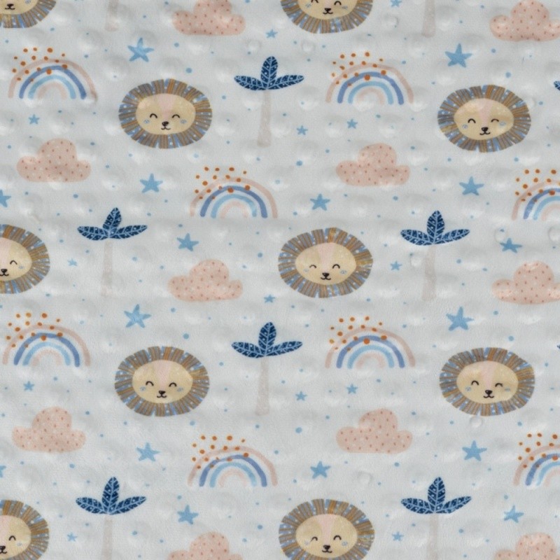 Coupon 3m Tissu Bubble Minky Imprimé Arc-en-ciel lion Bleu 