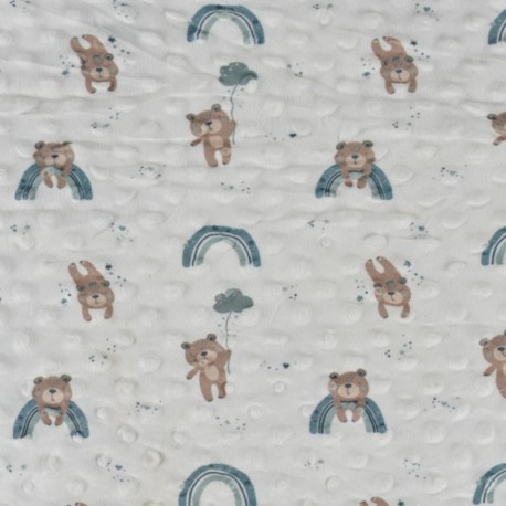 Coupon 3m Tissu Bubble Minky Imprimé Ours arc-en-ciel Menthe 