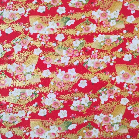 Coupon 3m Tissu Obi Cretonne Imprimé Or et Rouge