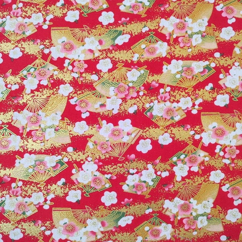 Coupon 3m Tissu Obi Cretonne Imprimé Or et Rouge