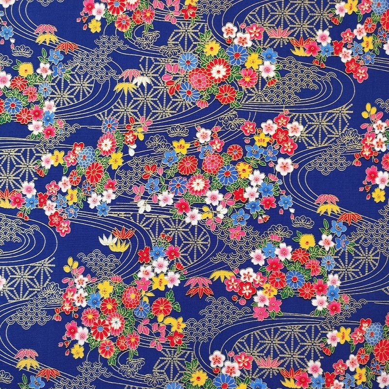 Coupon 3m Tissu Riziere Cretonne Imprimé Or et Multico