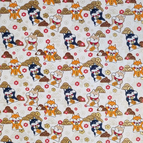 Coupon 3m Tissu Shiba Cretonne Imprimé Or et Blanc