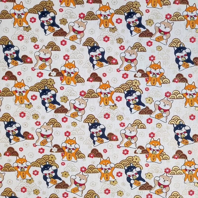 Coupon 3m Tissu Shiba Cretonne Imprimé Or et Blanc
