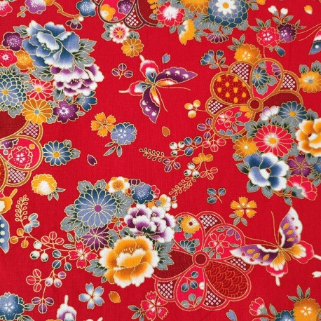 Coupon 3m Tissu Wasabi Cretonne Imprimé Or et Rouge