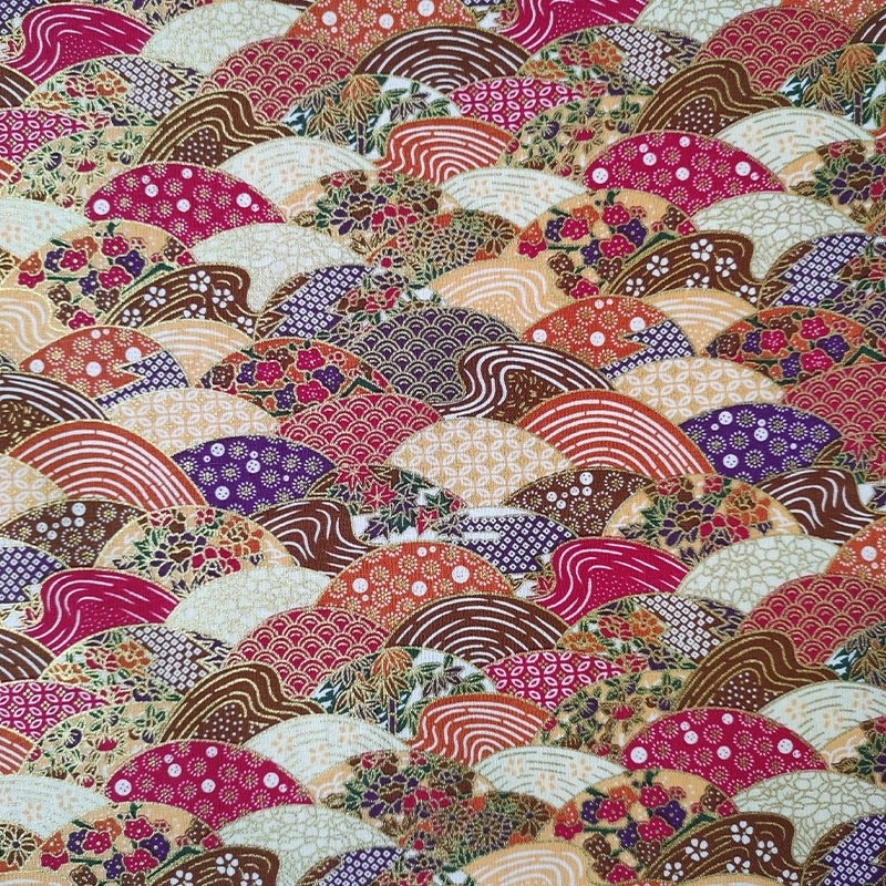 Coupon 3m Tissu Paysage Cretonne Imprimé Or et Multico