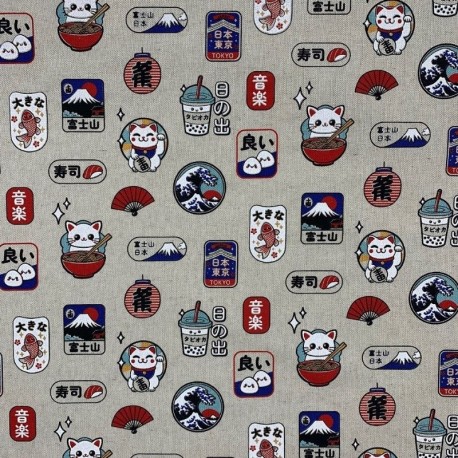 Coupon 3m Tissu Nippon Toile Imprime Multico