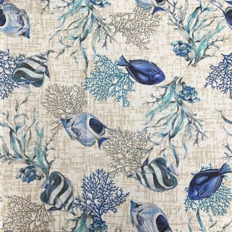 Coupon 3m Tissu Imprimé Gupi Poissons et Corrail Bleu