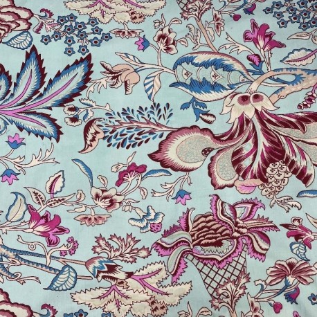 Coupon 3m Tissu Imprimé Esprit Blockprint Taj Mahal Bleu Ciel