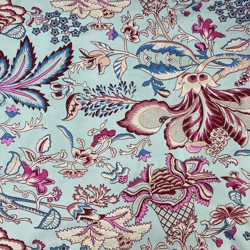 Coupon 3m Tissu Imprimé Esprit Blockprint Taj Mahal Bleu Ciel