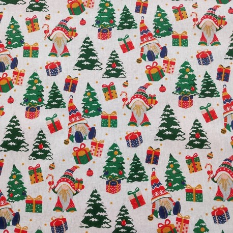 Coupon 3m Tissu Coton Imprimé Gnomes Blanc