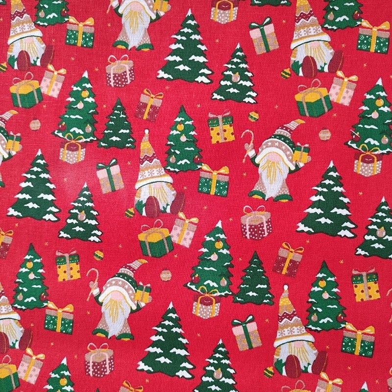 Coupon 3m Tissu Coton Imprimé Gnomes Rouge 