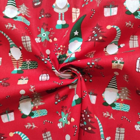 Coupon 3m Tissu Coton Imprimé Lutin Rouge 