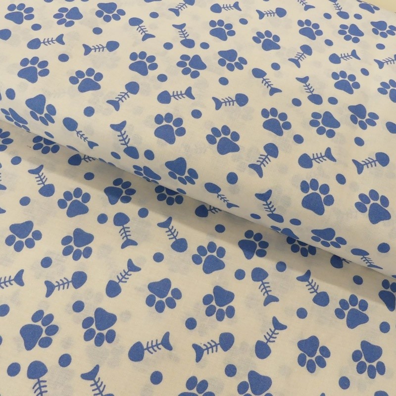 Coupon 3m Tissu Coton Imprimé Paw Prints Blue