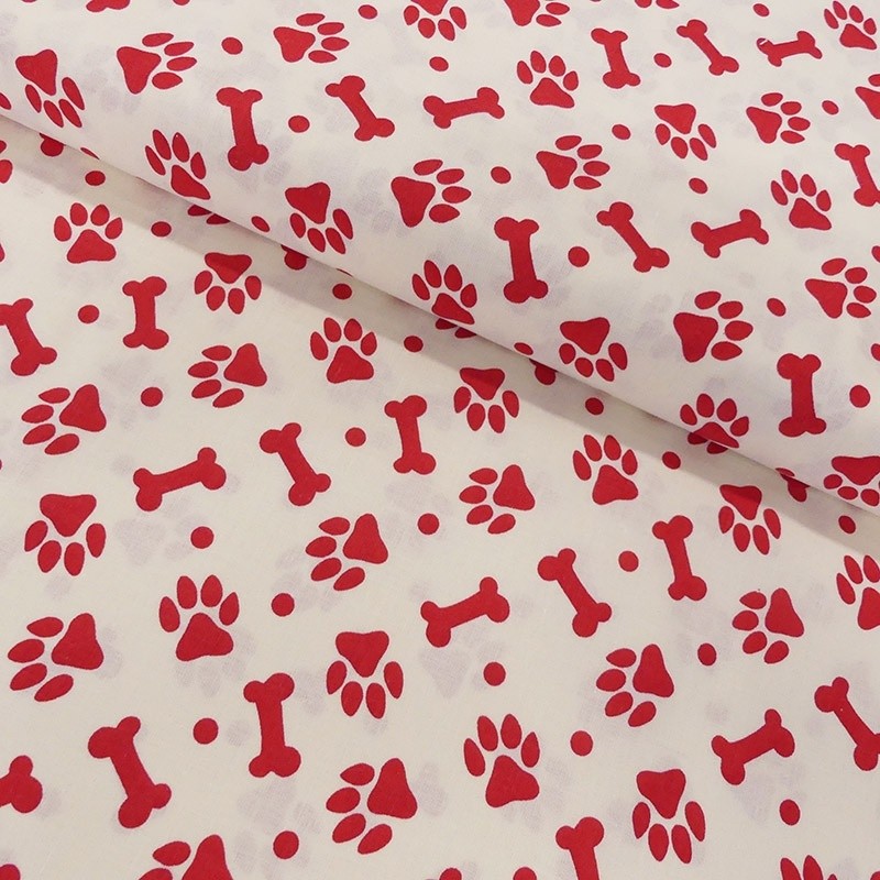 Coupon 3m Tissu Coton Imprimé Paw Prints Red