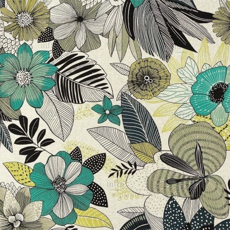 Coupon 3m Tissu Toile Imprimée Hanoi Vert 