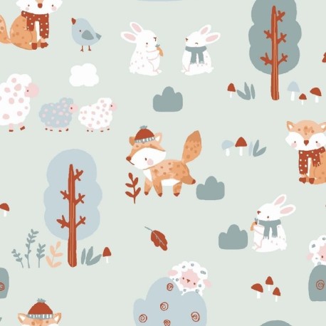Coupon 3m Tissu Coton Imprimé Goupil Bleu