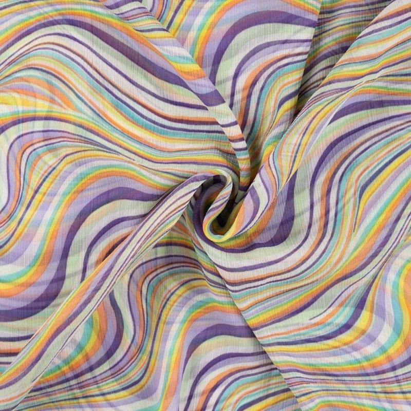 Coupon 3m Tissu Voile Crepe Imprimé Vagues Vert D'eau