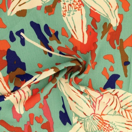 Coupon 3m Tissu Crêpe de Viscose Imprimée Fleurs Turquoise 