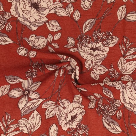 Coupon 3m Tissu Crêpe de Viscose Imprimée Fleurs Terracotta 