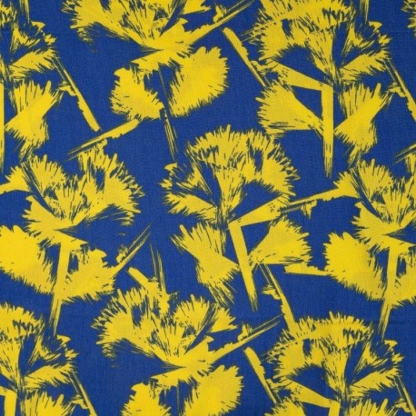 Coupon 3m Tissu Crêpe de Viscose Imprimé Fleurs Bleu Roi