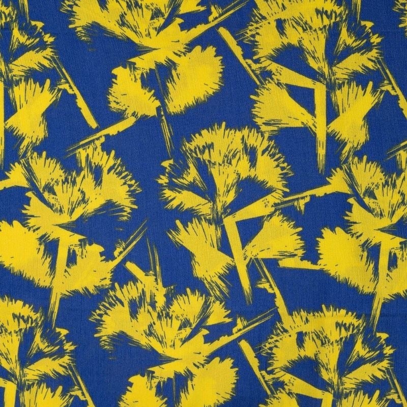 Coupon 3m Tissu Crêpe de Viscose Imprimé Fleurs Bleu Roi