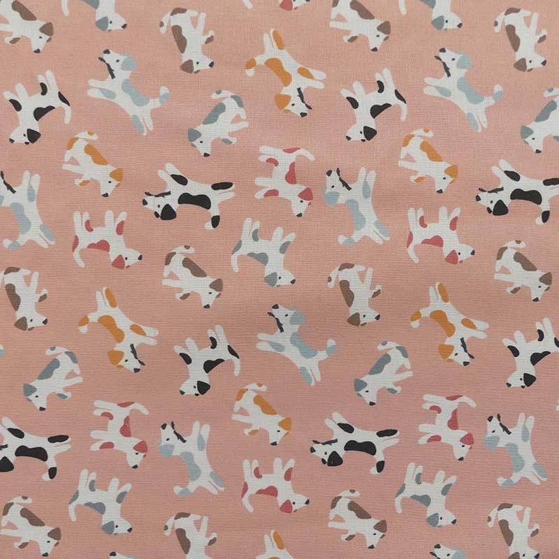 Coupon 3m Tissu Cretonne Chiens Imprimé Rose 