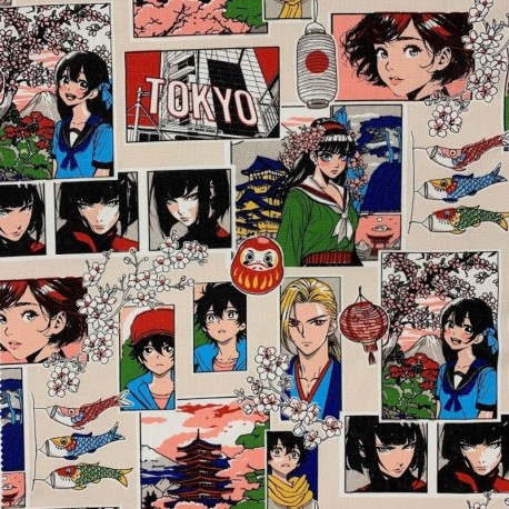 Coupon 3m Tissu Cretonne Sasuke Multico 