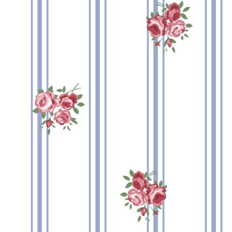 Coupon 3m Tissu Cretonne Batifolle Imprimé Fleurs sur Rayures Bleues