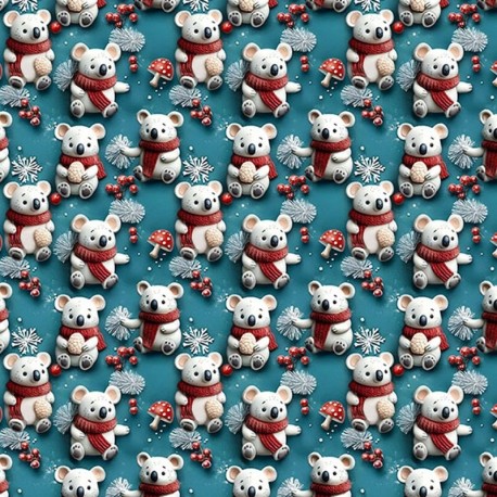Coupon 3m Tissu Cretonne Noël Koala Givré Effet 3d Bleu