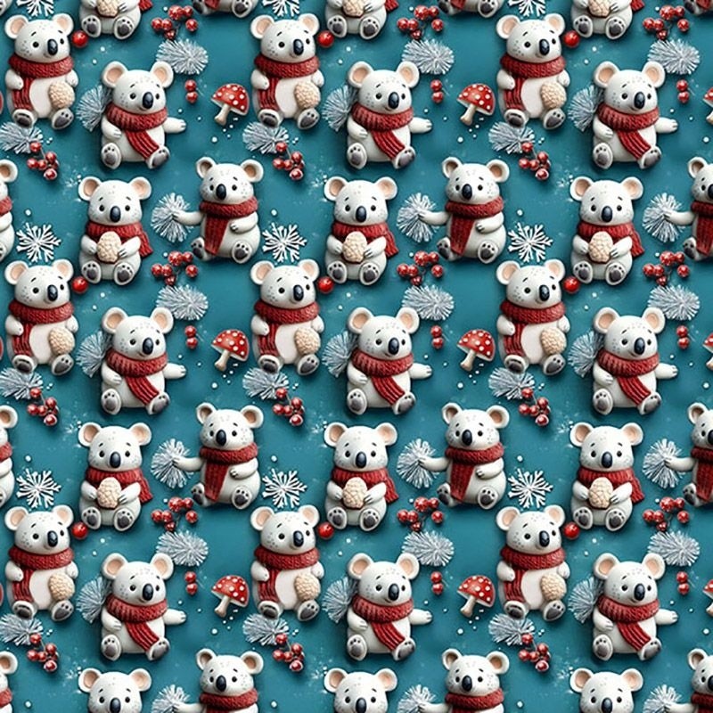 Coupon 3m Tissu Cretonne Noël Koala Givré Effet 3d Bleu