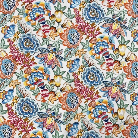 Coupon 3m Tissu Cretonne Imprimée Esmeralda Fleurs Blanc bleu